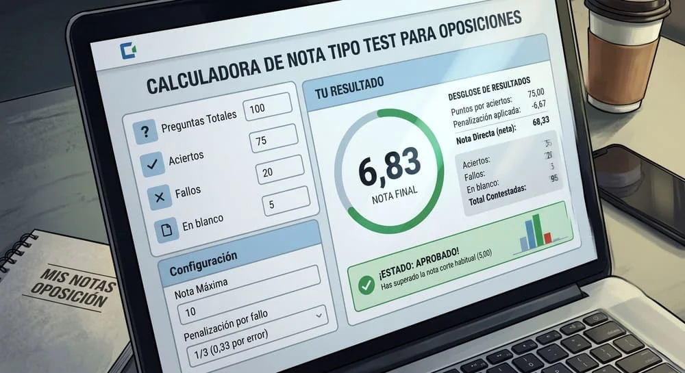 Calculadora de nota tipo test para oposiciones mostrando el resultado de un examen con penalización