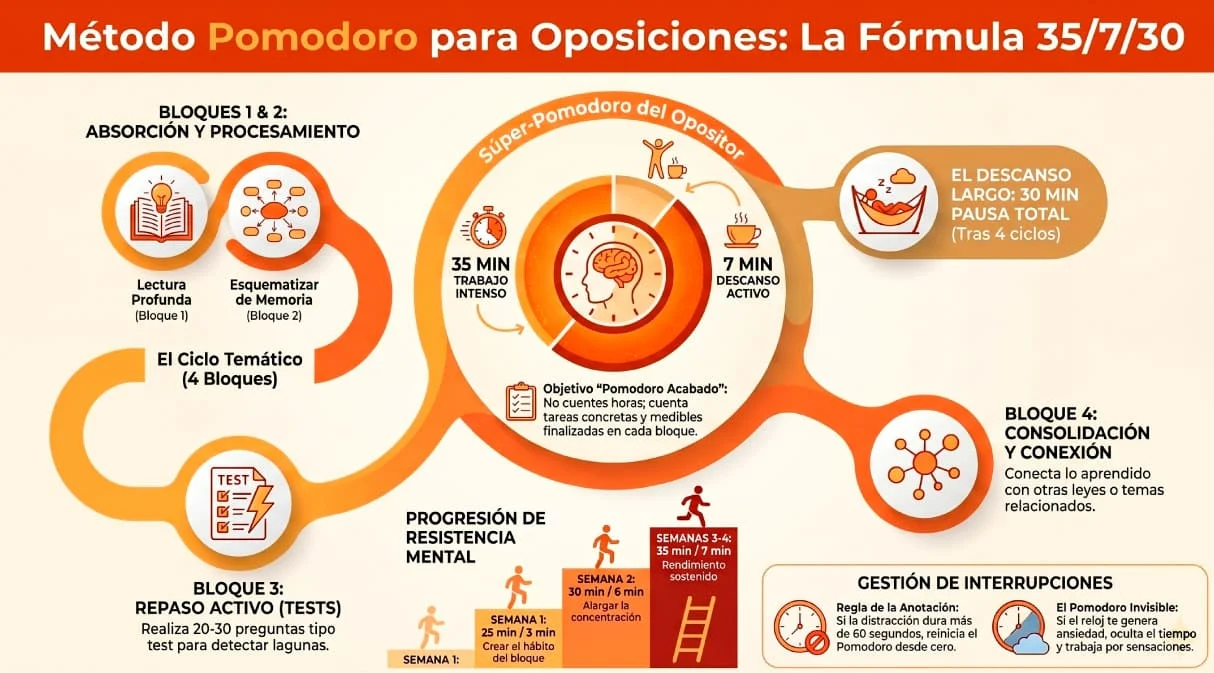 Infografia del Método Pomodoro para aplicar para el estudio de una oposición
